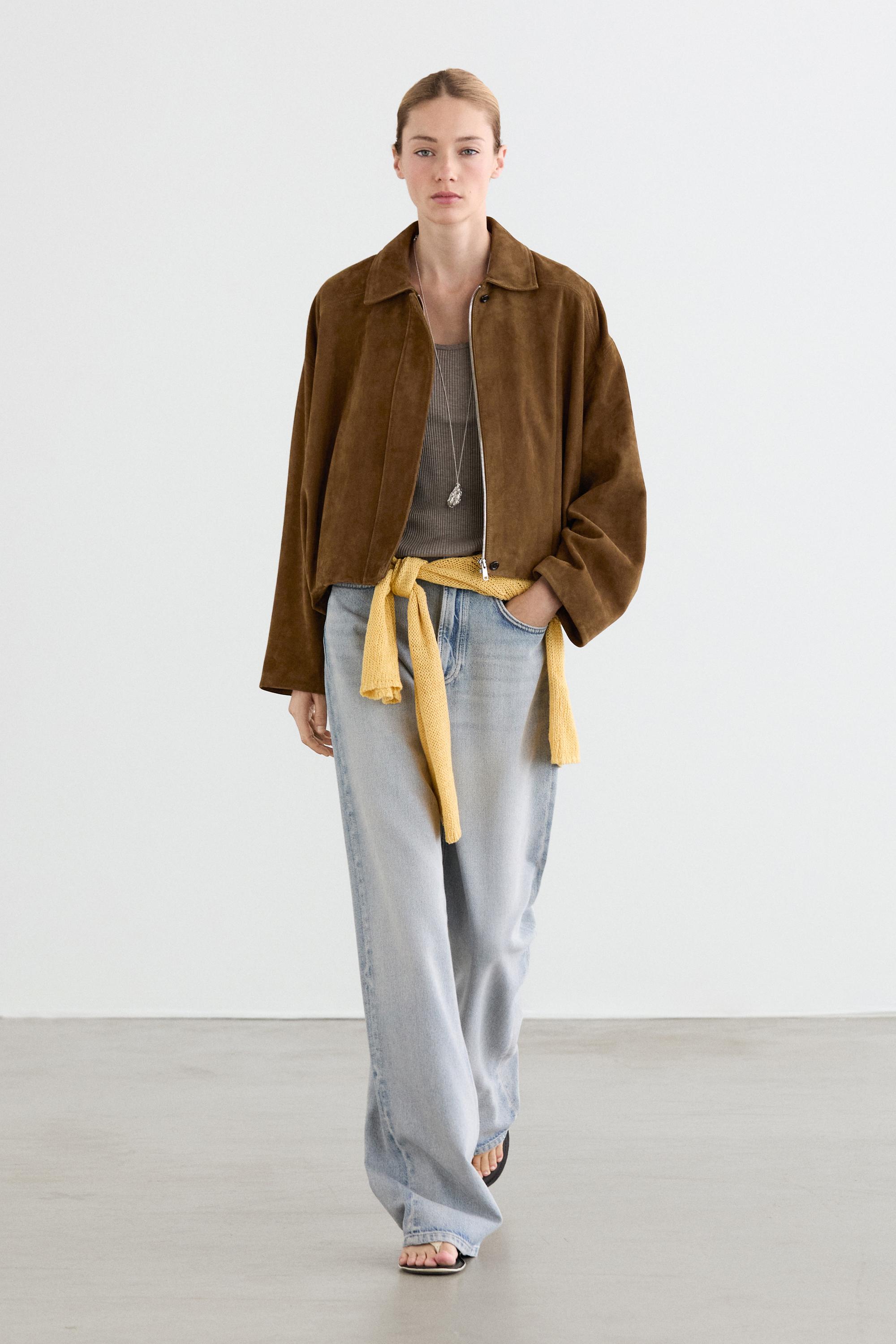 Short suede leather bomber jacket